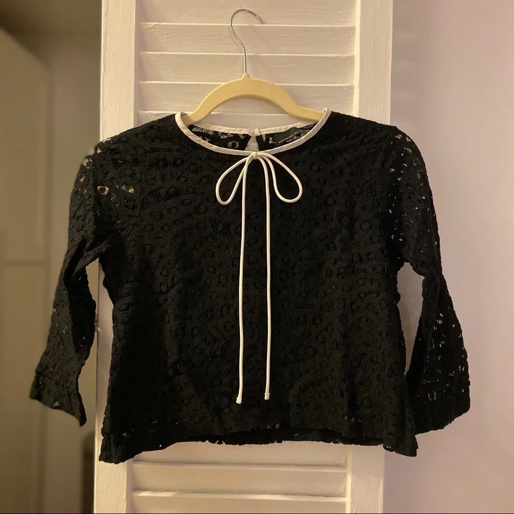 Zara Black Lace Long Sleeve Top | Size S | White Tie Detail